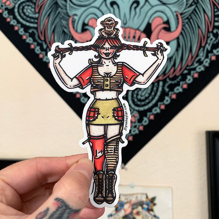 American traditional tattoo flash illustration Pippi Longstocking Pinup watercolor sticker.