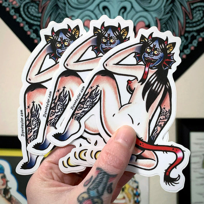American traditional tattoo flash nude Piss Demon Pinup watercolor sticker.
