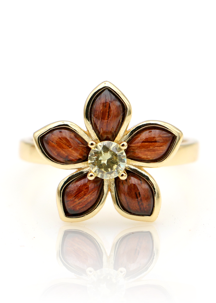 Plumeria Gold Ring with Koa and Gem - Front View