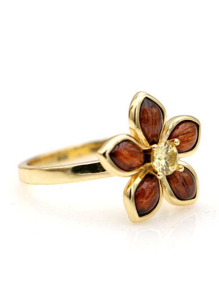 Plumeria Gold Ring with Koa and Gem