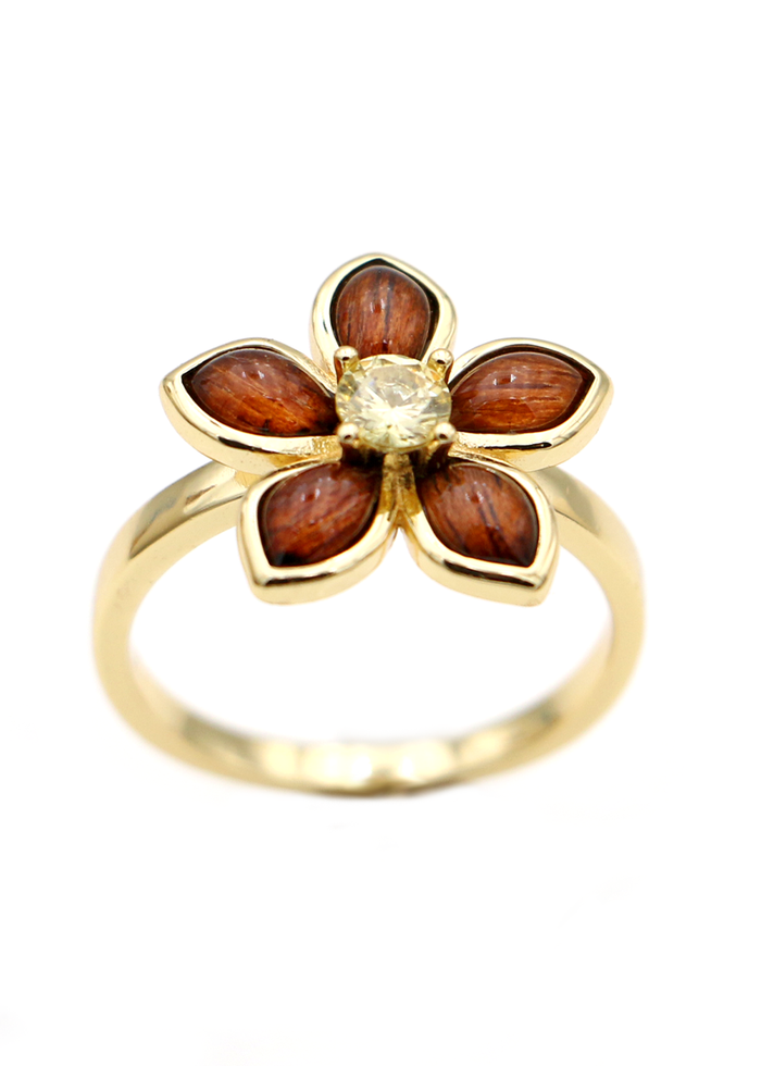 Plumeria Gold Ring with Koa and Gem - Top View