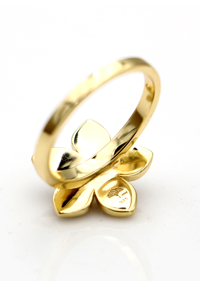 Plumeria Gold Ring with Koa and Gem - Bottom View
