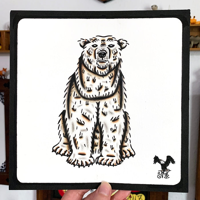 American traditional tattoo flash wildlife illustration Polar Bear ink and watercolor painting.