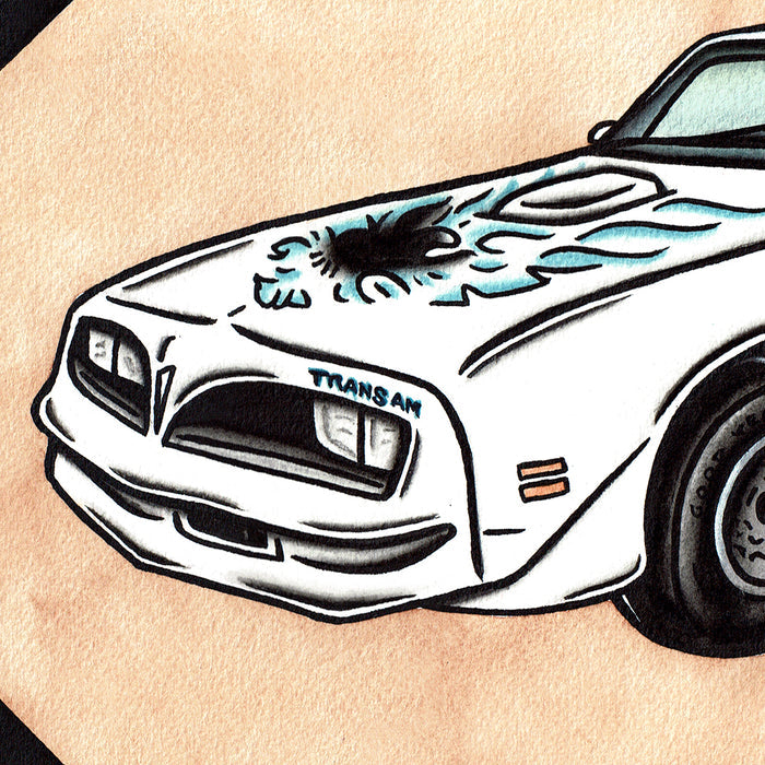 American traditional tattoo flash illustration Pontiac Firebird Trans Am watercolor Pinup Painting.