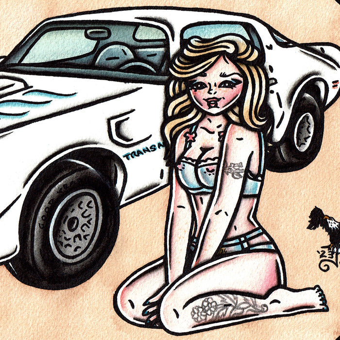 American traditional tattoo flash illustration Pontiac Firebird Trans Am watercolor Pinup Painting.