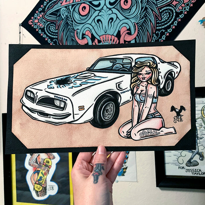 American traditional tattoo flash illustration Pontiac Firebird Trans Am watercolor Pinup Painting.