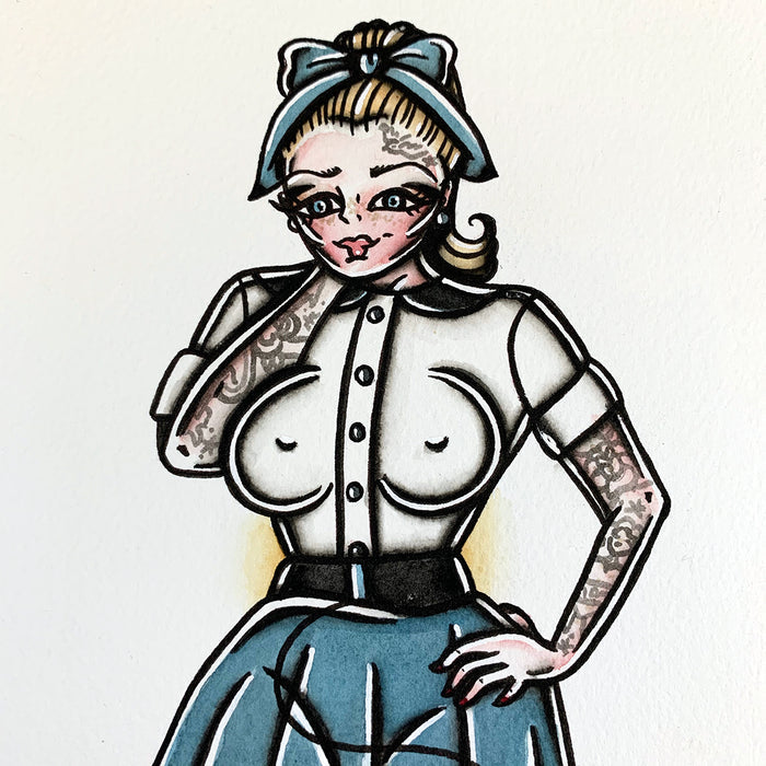American traditional tattoo flash sexy 1950s poodle skirt pinup spitshade painting.