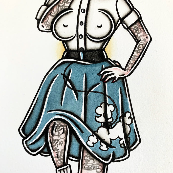 American traditional tattoo flash sexy 1950s poodle skirt pinup spitshade painting.