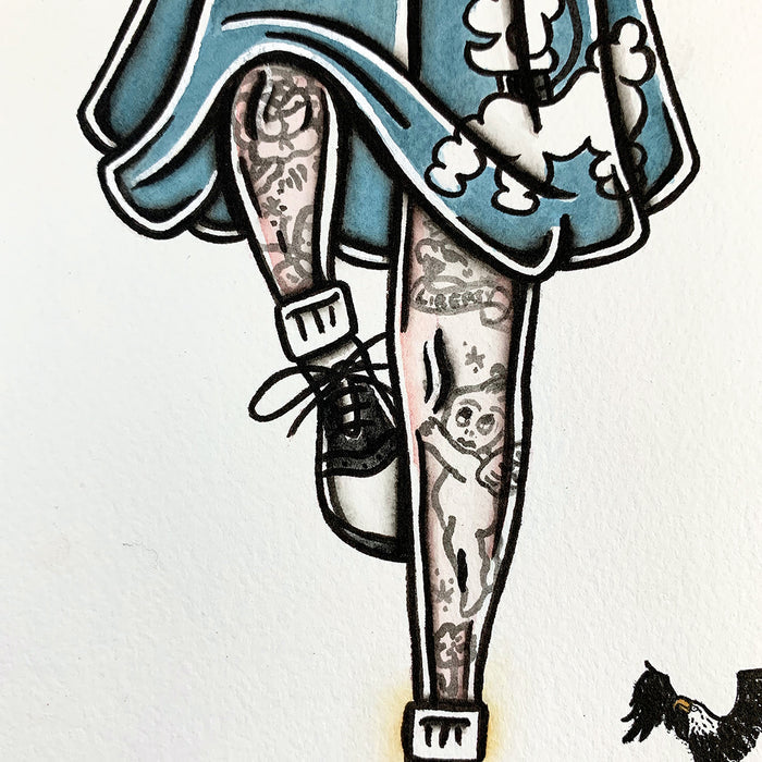 American traditional tattoo flash sexy 1950s poodle skirt pinup spitshade painting.