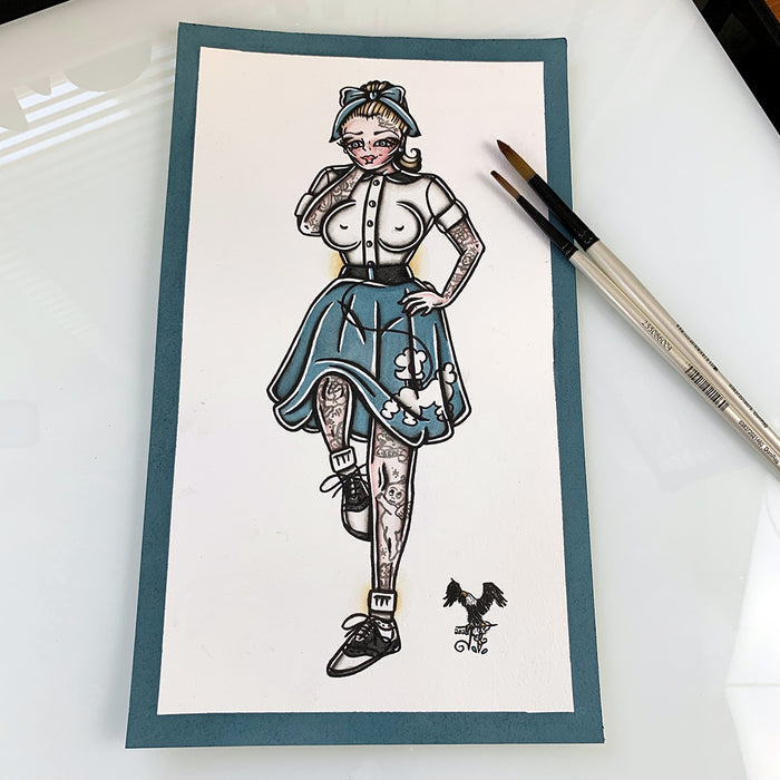 American traditional tattoo flash sexy 1950s poodle skirt pinup spitshade painting.