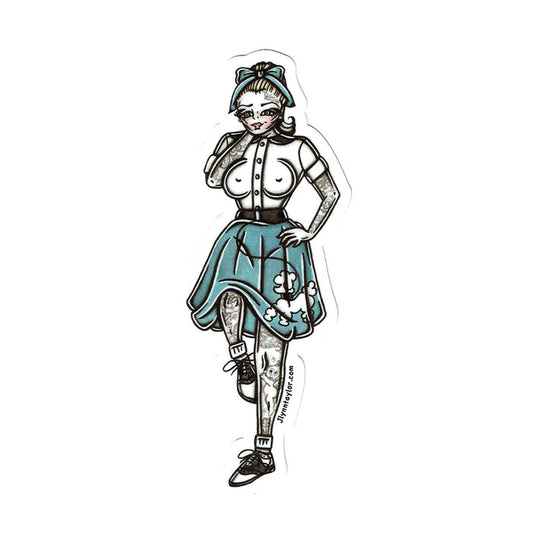 American traditional tattoo flash illustration  1950's Poodle Skirt Pinup watercolor sticker.