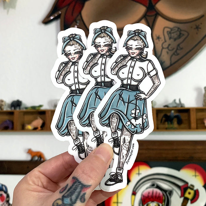 American traditional tattoo flash illustration  1950's Poodle Skirt Pinup watercolor sticker.
