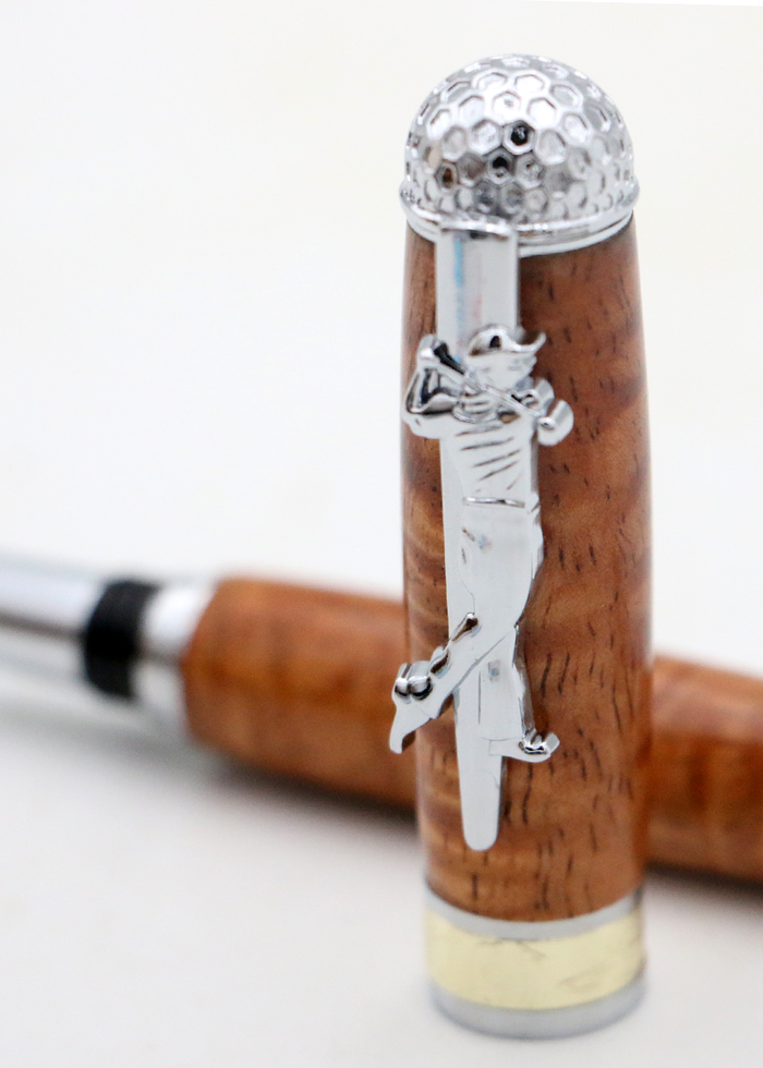 Premium Curly Hawaiian Koa Golf Pen - Chrome & Gold Accent