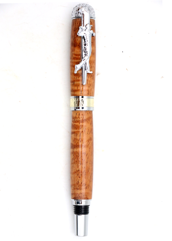 Premium Curly Hawaiian Koa Golf Pen - Chrome & Gold Accent