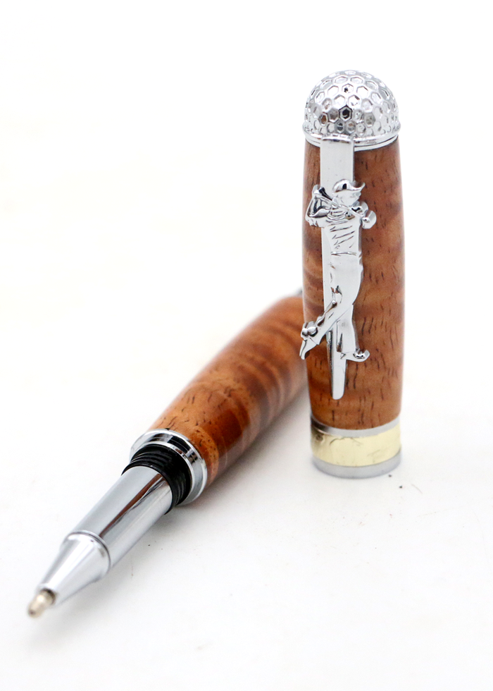 Premium Curly Hawaiian Koa Golf Pen - Chrome & Gold Accent