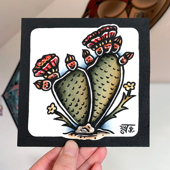 American traditional tattoo flash illustration Prickly Pear desert cactus watercolor painting.