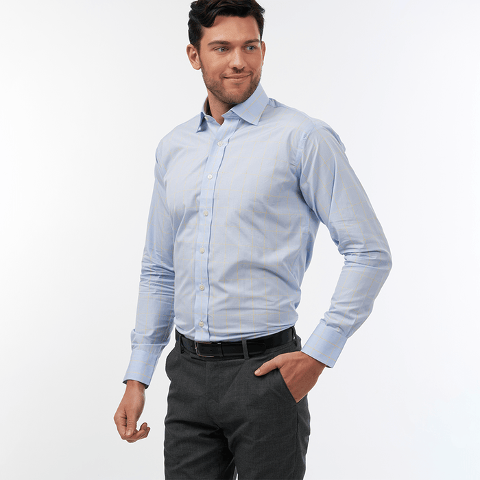 Prince Of Wales Check Sky & Yellow Formal Shirt - Thin Red Line