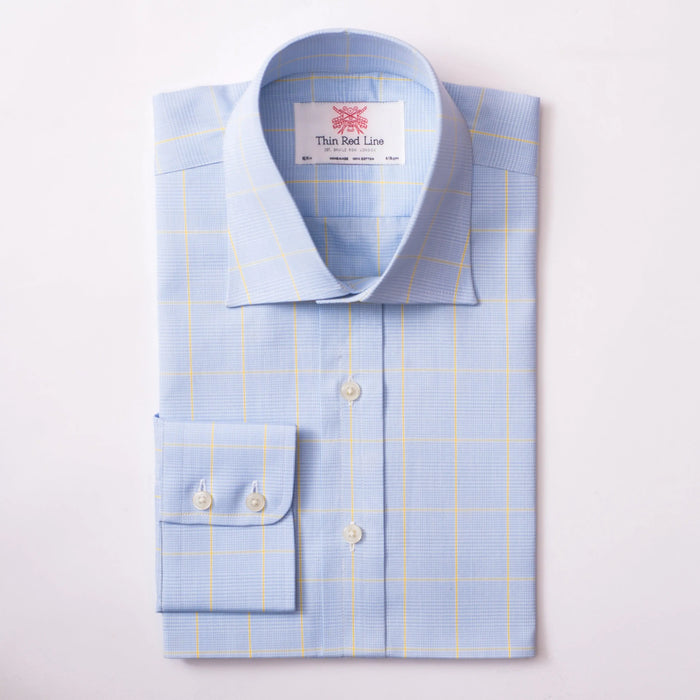 Prince Of Wales Check Sky & Yellow Formal Shirt - Thin Red Line