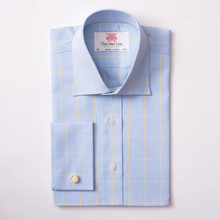 Prince Of Wales Check Sky & Yellow Formal Shirt - Thin Red Line
