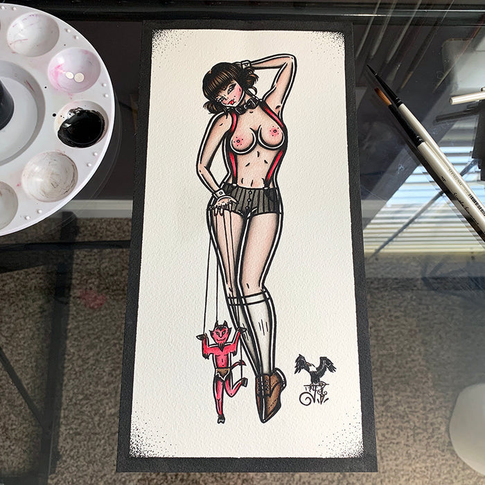 American Traditional tattoo flash sexy puppeteer pinup spitshade painting.