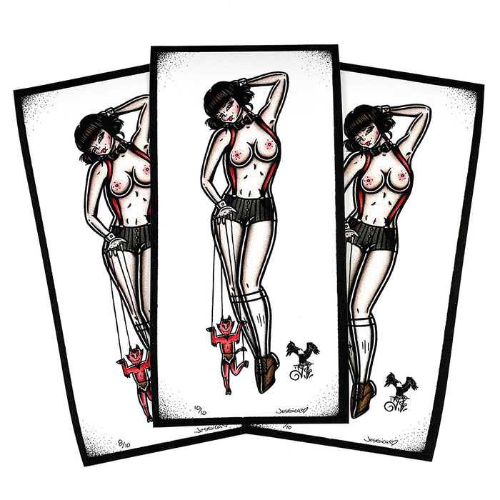 American traditional tattoo flash sexy topless puppeteer pinup print.