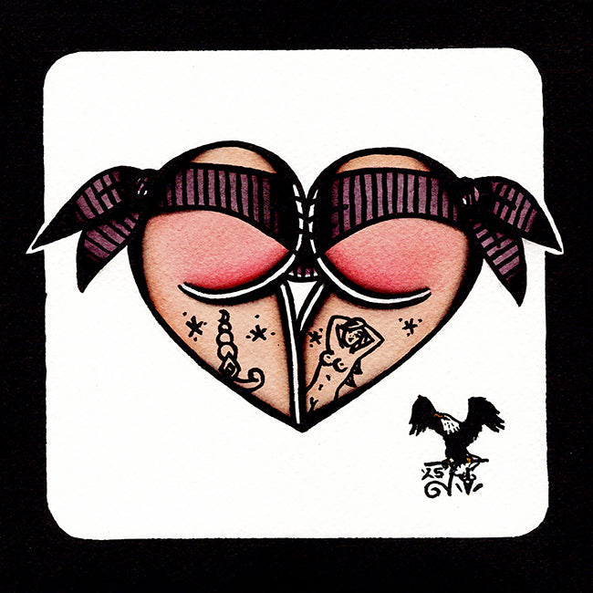 American traditional tattoo flash Purple Pinstripe Scrunch Butt Bikini Booty Heart watercolor painting.