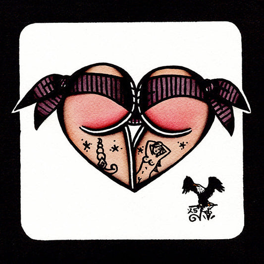 American traditional tattoo flash Purple Pinstripe Scrunch Butt Bikini Booty Heart watercolor painting.