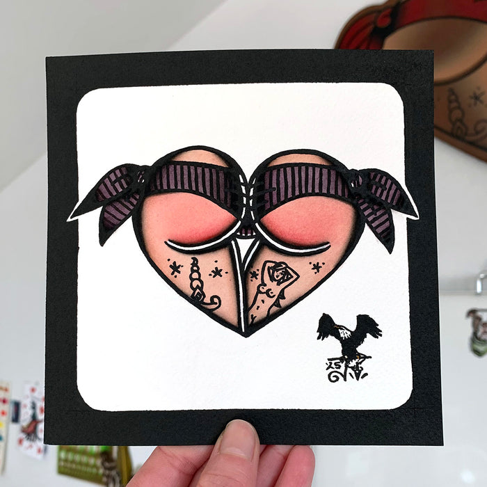 American traditional tattoo flash Purple Pinstripe Scrunch Butt Bikini Booty Heart watercolor painting.