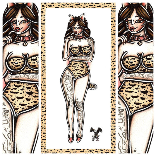 American traditional tattoo flash sexy pussycat pinup spitshade painting.