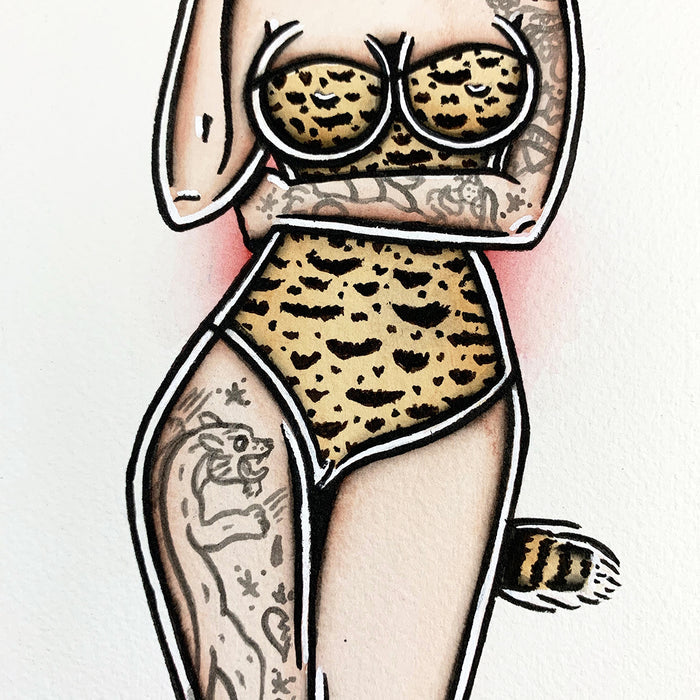 American traditional tattoo flash sexy pussycat pinup spitshade painting.