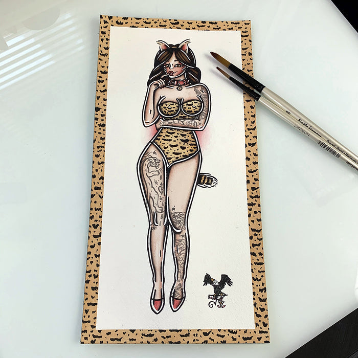 American traditional tattoo flash sexy pussycat pinup spitshade painting.
