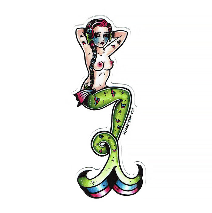 American traditional tattoo flash illustration Rainbow Mermaid watercolor sticker.