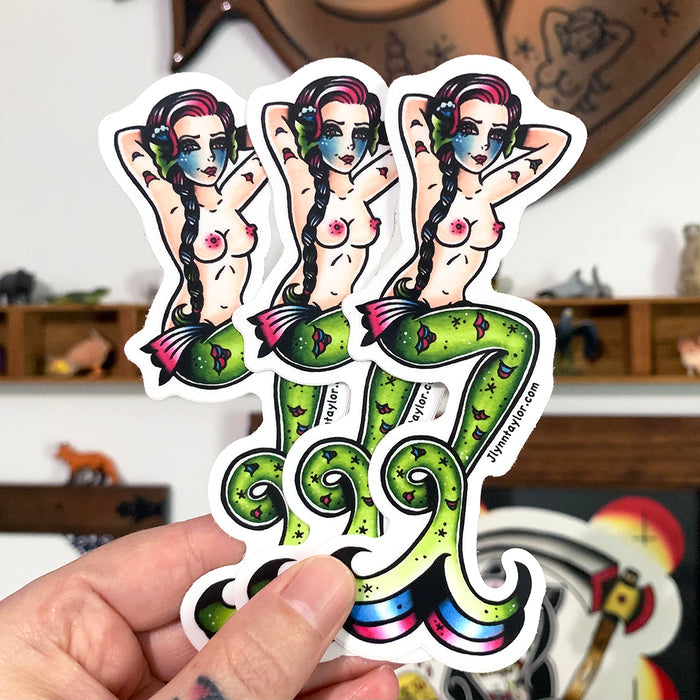 American traditional tattoo flash illustration Rainbow Mermaid watercolor stickes.