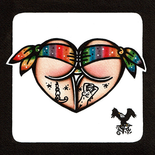 American traditional tattoo flash Sparkly Rainbow Pride Scrunch Butt Bikini Booty Heart watercolor painting.