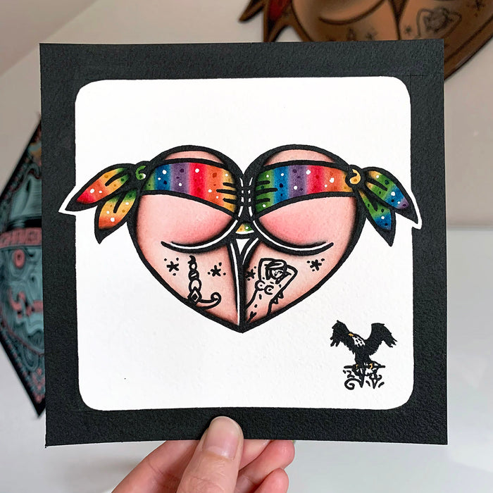 American traditional tattoo flash Sparkly Rainbow Pride Scrunch Butt Bikini Booty Heart watercolor painting.