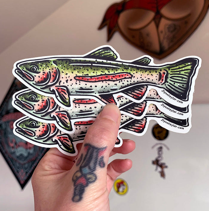 American traditional tattoo flash Rainbow Trout Fish watercolor sticker.