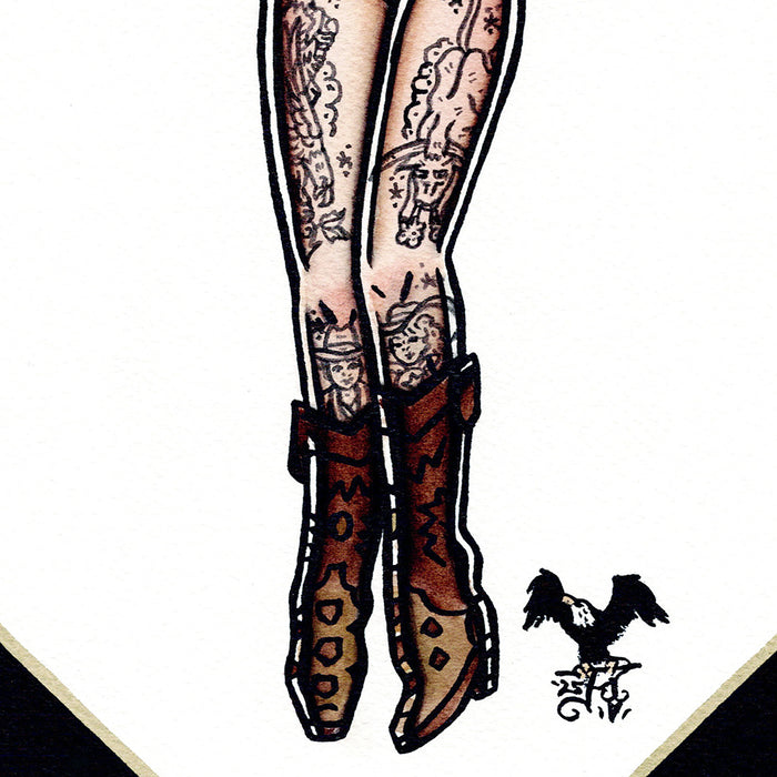 American traditional tattoo flash Rattlesnake Western Cowgirl Pinup Watercolor painting.