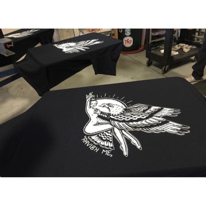 American Traditional Tattoo Flash Eagle and Pinup t-Shirt on screen-printing press.