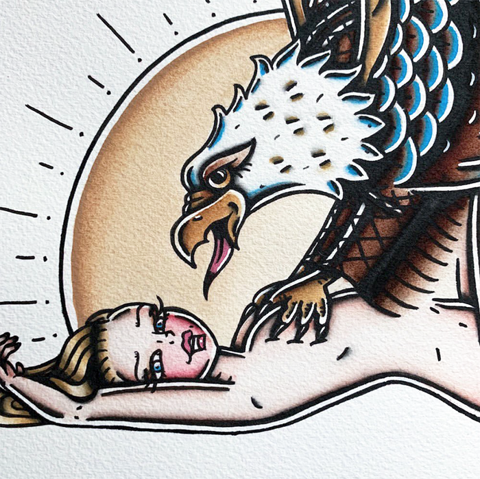 American Traditional tattoo flash nude Pinup Eagle watercolor painting.