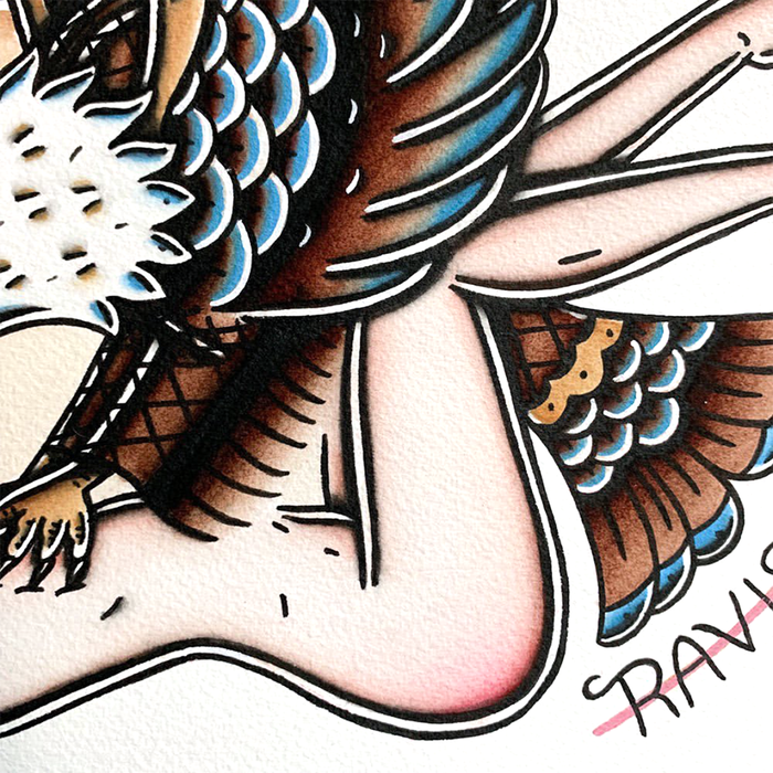 American Traditional tattoo flash nude Pinup Eagle watercolor painting.