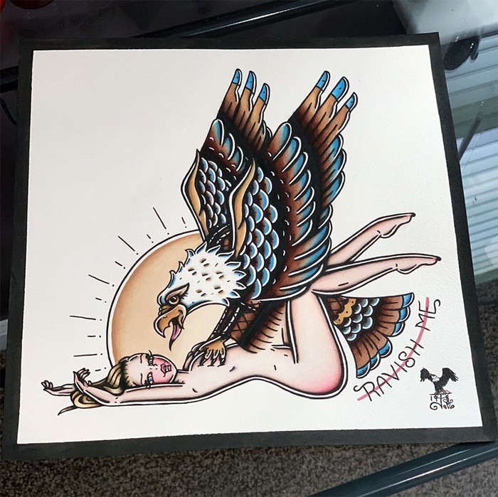 American Traditional tattoo flash nude Pinup Eagle watercolor painting.