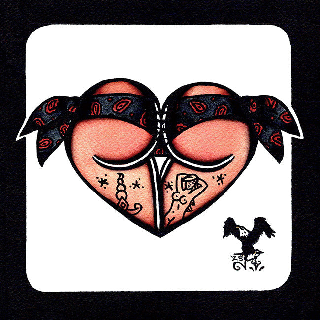 American traditional tattoo flash Red and Gray Paisley Scrunch Butt Bikini Booty Heart watercolor painting.