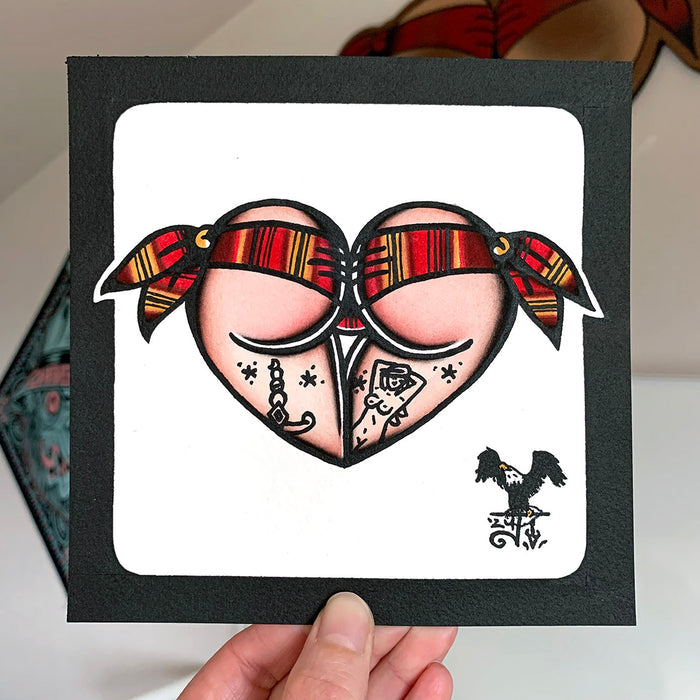 American traditional tattoo flash Serape Scrunch Butt Bikini Booty Heart watercolor painting.