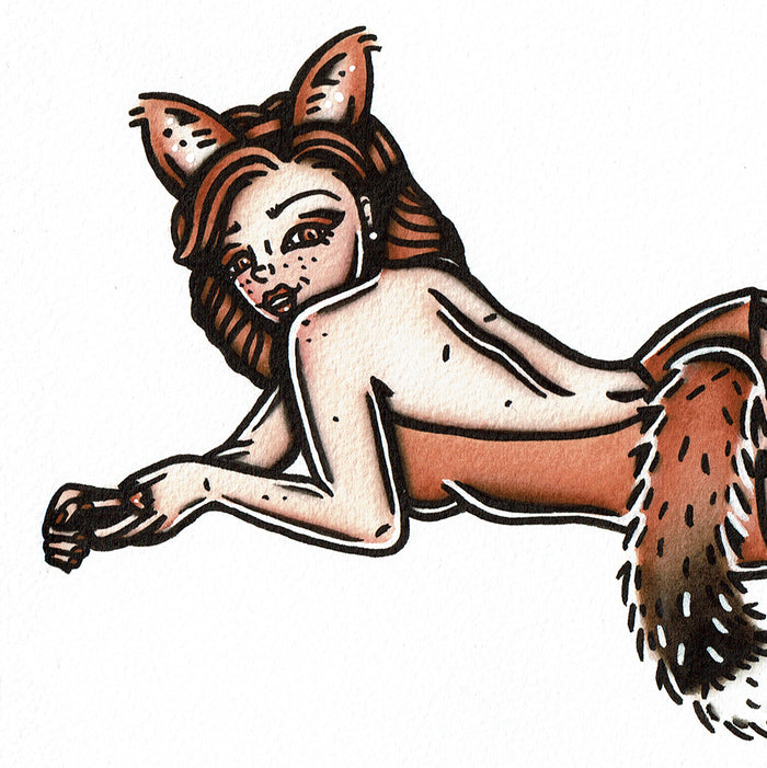 American traditional tattoo flash Red Fox Pinup watercolor painting.