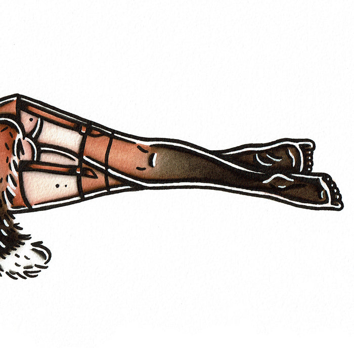 American traditional tattoo flash Red Fox Pinup watercolor painting.