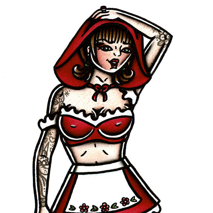 American traditional tattoo flash Little Red Riding Hood Pinup and Wolf watercolor painting.