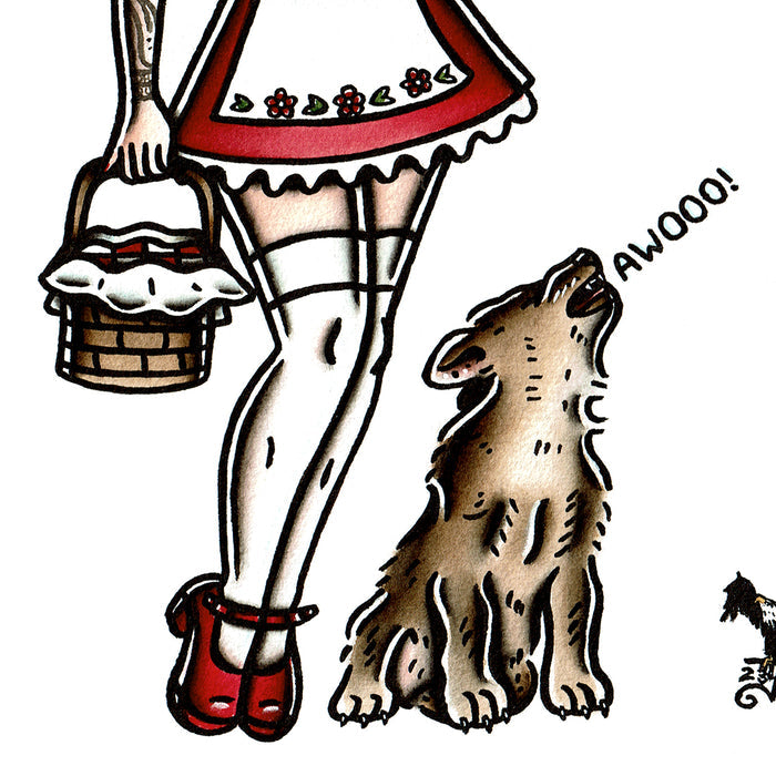 American traditional tattoo flash Little Red Riding Hood Pinup and Wolf watercolor painting.