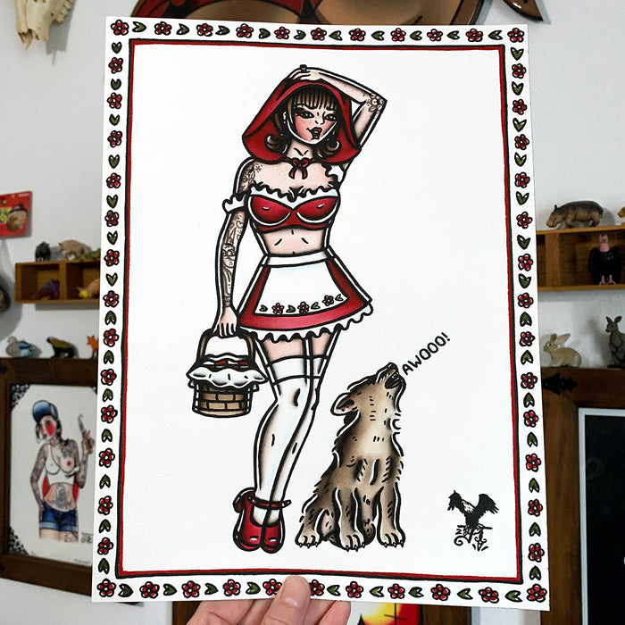 American traditional tattoo flash Little Red Riding Hood Pinup and Wolf watercolor painting.