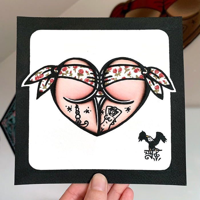 American traditional tattoo flash Red Rose Scrunch Butt Bikini booty Heart watercolor painting.