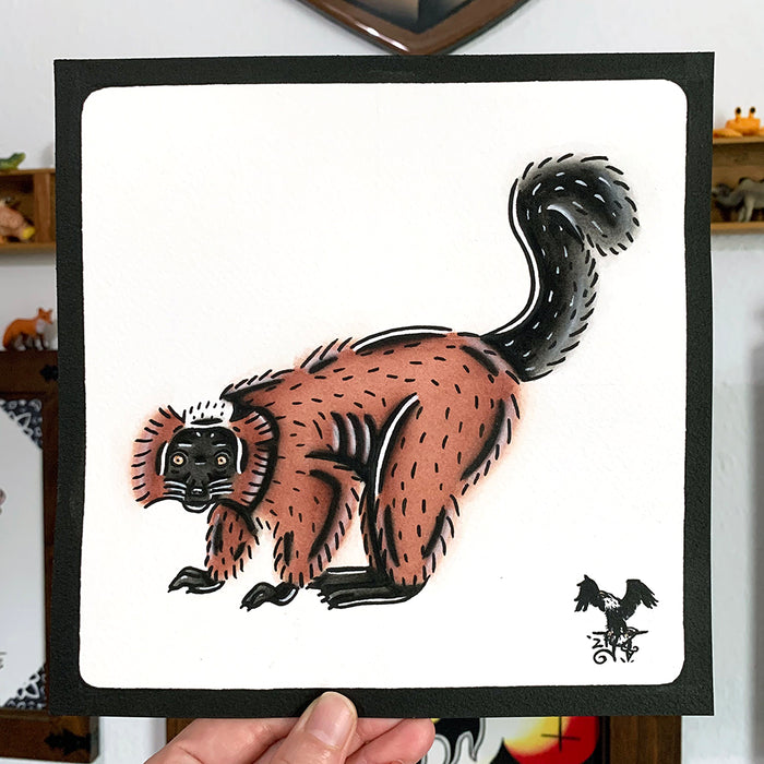 American traditional tattoo flash wildlife illustration Red Ruffed Lemur ink and watercolor painting.